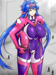 Rule 34 | 00s, 1girl, blue hair, bodysuit, breasts, covered erect nipples, giant, giantess, green eyes, helmet, hip focus, huge breasts, inomaru, klan klein, large breasts, legs, long hair, long legs, macross, macross frontier, pilot suit, skin tight, solo, thick thighs, thighs, twintails, very long hair, wide hips, zentradi
