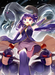 Rule 34 | 10s, 2girls, bison cangshu, bow, brown hair, clammy zell, elbow gloves, closed eyes, feel nilvalen, fingerless gloves, from below, gloves, hair ornament, hand up, long hair, multiple girls, no game no life, open mouth, projected inset, purple eyes, purple gloves, purple hair, purple legwear, thighhighs, wind, zettai ryouiki