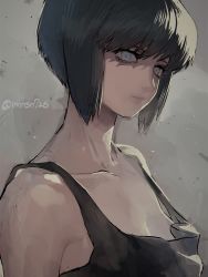 Rule 34 | 1girl, bad id, bad pixiv id, black tank top, blue eyes, breasts, cleavage, closed mouth, collarbone, commentary, expressionless, ghost in the shell, grey background, katsuoboshi, kusanagi motoko, medium breasts, purple hair, short hair, solo, tank top, twitter username, upper body