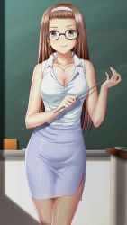 Rule 34 | 1girl, black-framed eyewear, breasts, brown eyes, brown hair, chalkboard, classroom, cleavage, closed mouth, collarbone, collared shirt, doukyuusei 2, doukyuusei another world, dress shirt, game cg, glasses, hairband, holding, jewelry, long hair, looking at viewer, medium breasts, miniskirt, mizuno tomomi, official art, pantyhose, pencil skirt, pendant, purple skirt, shirt, side slit, skirt, sleeveless, sleeveless shirt, smile, solo, standing, teacher, very long hair, white hairband, white shirt, wing collar
