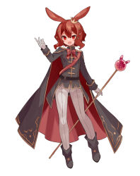 Rule 34 | 1girl, :d, animal ears, black cape, black footwear, black jacket, boots, bow, brown hair, cape, crown, eyebrows hidden by hair, full body, gloves, grey gloves, grey pants, hair between eyes, hair ornament, highres, holding, holding staff, jacket, long sleeves, mini crown, open mouth, original, pants, rabbit ears, red bow, red cape, red eyes, simple background, sleeves past wrists, smile, solo, staff, star (symbol), star hair ornament, tori (10ri), v-shaped eyebrows, white background