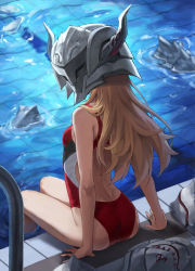 Rule 34 | 1girl, ass, backless swimsuit, bad id, bad twitter id, blonde hair, breasts, commentary request, competition swimsuit, fate/apocrypha, fate (series), from behind, helmet, highres, long hair, looking at viewer, looking back, mordred (fate), mordred (fate/apocrypha), one-piece swimsuit, poolside, red one-piece swimsuit, sitting, small breasts, solo, swimsuit, tonee, water