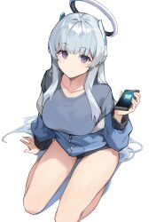 Rule 34 | 1girl, absurdres, black buruma, black shirt, blue archive, blue jacket, blush, breasts, buruma, closed mouth, collarbone, grey hair, halo, highres, holding, jacket, large breasts, long hair, long sleeves, looking at viewer, mechanical halo, noa (blue archive), purple eyes, ryou (ponpgo), shirt, simple background, smile, solo, track jacket, white background