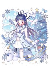 Rule 34 | 1girl, :d, absurdres, alternate costume, angel wings, black ribbon, blue coat, blue hair, blue shirt, blunt bangs, blush, boots, bow, bowtie, buttons, christmas tree, coat, coat hold, crop top, daifuku (deka fuku), detached wings, diagonal-striped coat, diagonal-striped shirt, english text, gloves, gradient hair, hair ribbon, high collar, highres, knee boots, kneeling, long hair, looking at viewer, magia record: mahou shoujo madoka magica gaiden, mahou shoujo madoka magica, merry christmas, miniskirt, multicolored hair, navel, nintendo switch, octagram hair ornament, ooba juri, open mouth, original holy design (magia record), outline, pleated skirt, red eyes, ribbon, shirt, short bangs, sidelocks, skirt, sleeveless, sleeveless coat, smile, snowman, solo, sparkle hair ornament, star (symbol), thighhighs, thighhighs under boots, very long hair, white background, white bow, white bowtie, white footwear, white gloves, white outline, white skirt, white thighhighs, white wings, wings