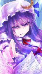 Rule 34 | 1girl, book, camura, crescent, dress, hair ribbon, hat, highres, long hair, open mouth, patchouli knowledge, purple eyes, purple hair, rasen (camura), ribbon, solo, touhou