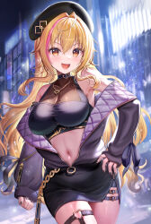 Rule 34 | 1girl, :d, ahoge, akabane (zebrasmise), armpits, bare shoulders, black choker, black hat, black nails, black shirt, black skirt, blonde hair, breasts, choker, cleavage, cowboy shot, crop top, grey jacket, hand on own hip, hat, heart, highres, jacket, jewelry, large breasts, long hair, long sleeves, looking at viewer, midriff, miniskirt, multicolored hair, nail polish, navel, necklace, off shoulder, open clothes, open jacket, open mouth, orange eyes, original, pencil skirt, shirt, side slit, skirt, sleeveless, sleeveless shirt, smile, solo, standing, stomach, streaked hair, taut clothes, taut shirt, thigh strap, thighs, very long hair, virtual youtuber, zipper