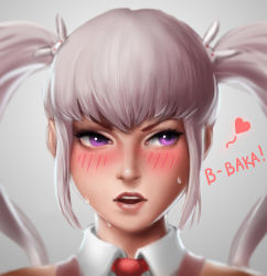 Rule 34 | 00s, 1girl, blush, heart, kenneth tham rui yong, long hair, maplestory, necktie, open mouth, orchid (maplestory), portrait, purple eyes, realistic, sidelocks, solo, sweat, tsundere, twintails, white background, white hair