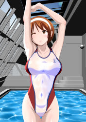 Rule 34 | 1girl, 3d background, absurdres, anchor symbol, arms up, brown eyes, brown hair, commentary request, competition swimsuit, cowboy shot, hairband, highleg, highleg swimsuit, highres, indoors, kantai collection, natori (kancolle), noppo-san, one-piece swimsuit, one eye closed, pool, rei no pool, short hair, solo, stairs, stretching, swimsuit, thigh gap, white hairband, white one-piece swimsuit