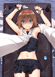 Rule 34 | 10s, 1boy, 1girl, absurdres, admiral (kancolle), arm grab, armpits, black serafuku, black skirt, brown eyes, brown hair, chain, commentary, constricted pupils, cotton swab, drain (object), gloves, hair between eyes, hair ornament, hairband, hairpin, highres, holding, imminent rape, jack dempa, kantai collection, lying, midriff, military, military uniform, miniskirt, naval uniform, navel, on back, pleated skirt, revision, sailor collar, saliva, scared, scarf, school uniform, serafuku, shiratsuyu (kancolle), skirt, snot, sweat, tearing up, tears, uniform, water, white gloves, white scarf, wide-eyed