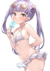 Rule 34 | 1girl, absurdres, arm behind back, b1ack illust, bikini, blunt bangs, breasts, closed mouth, commission, eyewear on head, flower, food, frilled bikini, frills, front-tie bikini top, front-tie top, hair flower, hair ornament, highres, holding, holding food, holding ice cream, ice cream, ice cream bar, light purple hair, long hair, looking at viewer, navel, new game!, pixiv commission, purple eyes, small breasts, smile, solo, sunglasses, suzukaze aoba, swimsuit, twintails, white background, white bikini