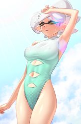 Rule 34 | + +, 1girl, alternate costume, bare shoulders, blush, collarbone, domino mask, covered erect nipples, eyebrows, highres, marie (splatoon), looking away, mask, mole, mole under eye, navel, nintendo, one-piece swimsuit, outdoors, pointy ears, short hair, silver hair, solo, splatoon (series), sunlight, swimsuit, symbol-shaped pupils, taka-michi, tentacles, tentacle hair, thick eyebrows, wide hips