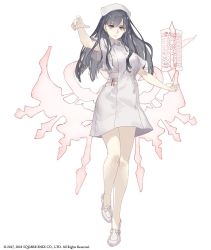 Rule 34 | 1girl, candle, contemporary, full body, grey eyes, grey hair, hat, ji no, long hair, nurse, nurse cap, official art, reaching, reaching towards viewer, serious, sinoalice, snow white (sinoalice), solo, standing, standing on one leg, white background