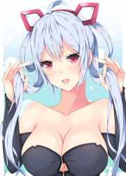 Rule 34 | 1girl, ahoge, bare shoulders, blush, breasts, cleavage, cleavage cutout, clothing cutout, collarbone, long hair, looking at viewer, matoi (pso2), medium breasts, milkpanda, open mouth, phantasy star, phantasy star online 2, pink eyes, silver hair, solo, twintails, upper body