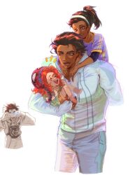 Rule 34 | 2boys, 2girls, absurdres, artist name, baby, camera, carrying over shoulder, child, commentary, dark-skinned male, dark skin, english commentary, gabriella o&#039;hara, hands on another&#039;s shoulders, highres, ifa (hifchn), male focus, marvel, mayday parker, miguel o&#039;hara, multiple boys, multiple girls, open mouth, peter b parker, ponytail, red hair, spider-man: across the spider-verse, spider-man (series), spider-verse, teeth, upper teeth only, white background