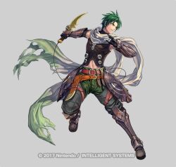 Rule 34 | 1boy, black gloves, black vest, brown footwear, clenched teeth, commentary request, dagger, fire emblem, fire emblem: radiant dawn, fire emblem heroes, full body, gloves, green hair, green pants, holding, holding dagger, holding knife, holding weapon, izuka daisuke, knife, looking at viewer, nintendo, official art, pants, scarf, solo, sothe (fire emblem), sothe (resplendent) (fire emblem), teeth, vest, weapon, white scarf