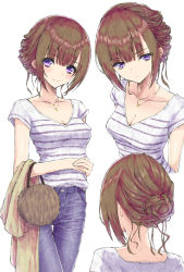 Rule 34 | 1girl, :t, aramachi, arms behind back, bag, blush, breasts, brown sweater, cleavage, collarbone, denim, hair bun, handbag, highres, jeans, jewelry, looking at viewer, medium breasts, multiple views, necklace, original, own hands together, pants, pouty lips, purple eyes, shirt, short hair, sidelocks, simple background, single hair bun, smile, striped clothes, striped shirt, sweater, white background, wrinkled skin
