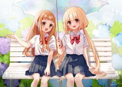 Rule 34 | 2girls, :3, :d, blonde hair, blunt bangs, blurry, blush, bokeh, brown hair, bush, collared shirt, depth of field, flower, futaba anzu, hand on own thigh, highres, holding, holding umbrella, hydrangea, ichihara nina, idolmaster, idolmaster cinderella girls, long hair, looking at viewer, low twintails, multiple girls, neck ribbon, on bench, open mouth, orange hair, outdoors, outstretched arm, pleated skirt, rain, ribbon, rino cnc, school uniform, shirt, shirt tucked in, signature, sitting, skirt, sky, smile, thick eyebrows, twintails, umbrella, very long hair, yellow eyes