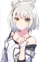 Rule 34 | 1girl, absurdres, animal ears, camisole, cat ears, chest jewel, hand up, highres, jacket, looking at viewer, mio (xenoblade), short hair, shoulder strap, smile, solo, tank top, tfnfe sach, white camisole, white hair, white jacket, white tank top, xenoblade chronicles (series), xenoblade chronicles 3, yellow eyes