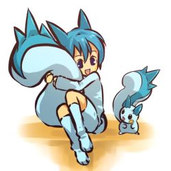 Rule 34 | 00s, 1girl, 1other, :d, blue eyes, blue hair, blush stickers, creatures (company), game freak, gen 4 pokemon, hitec, holding tail, hug, hugging own tail, hugging tail, kneehighs, moemon, nintendo, open mouth, pachirisu, personification, pokemon, pokemon (creature), pokemon dppt, pokemon tail, shorts, smile, socks, tail
