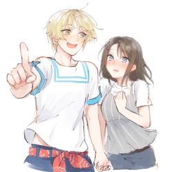 Rule 34 | 1boy, 1girl, :d, bang dream!, black hair, blonde hair, blue eyes, blush, clenched hand, foreshortening, genderswap, genderswap (ftm), grey shirt, hair ornament, hairclip, hand on own chest, hetero, highres, holding hands, looking at another, medium hair, okusawa misaki, open mouth, pointing, pointing forward, shirt, short sleeves, simple background, sketch, smile, striped clothes, striped shirt, succhii (pikaru), tsurumaki kokoro, vertical-striped clothes, vertical-striped shirt, white background, white shirt, yellow eyes