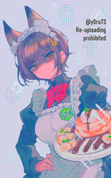 1girl animal_ears apron banana banana_slice black_dress bow bowtie breasts brown_eyes brown_hair chocolate_syrup closed_mouth dress ear_piercing food fox_ears fox_hair_ornament fruit highres holding holding_tray ice_cream juliet_sleeves large_breasts limbus_company long_sleeves looking_at_viewer maid maid_apron maid_headdress outis_(project_moon) pancake piercing pink_bow pink_bowtie project_moon puffy_sleeves shaded_face short_hair simple_background smile solo tray white_background y0ru73