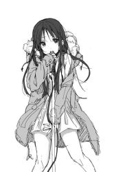 Rule 34 | 1girl, akiyama mio, alternate hairstyle, black eyes, black hair, blush, face, greyscale, hime cut, k-on!, k-on! movie, lips, long hair, looking at viewer, microphone, monochrome, open mouth, simple background, singing!!, singing! (k-on!), solo, very long hair, white background