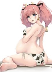 Rule 34 | 1girl, animal ears, animal print, ass, atlanta (kancolle), barefoot, bell, bikini, blue eyes, breasts, brown hair, butt crack, commentary request, cow ears, cow girl, cow horns, cow print, cow print bikini, cow tail, ear tag, from behind, highres, horns, kantai collection, kodama (mmt uf), large breasts, long hair, open mouth, pregnant, print bikini, side-tie bikini bottom, simple background, sitting, solo, swimsuit, tail, two side up, wariza, white background, white bikini