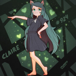 Rule 34 | 1girl, animal ears, barefoot, black dress, blue hair, claire (the summoning), dress, english text, fangs, green background, green eyes, original, srgrafo