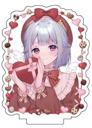 Rule 34 | 1boy, androgynous, blue hair, blush, box, brown shirt, candy, chocolate, chocolate heart, closed mouth, cookie, drawn wings, earrings, ensemble stars!, food, gift, gift box, grey background, heart, holding, holding gift, jewelry, long sleeves, looking at viewer, male focus, moka (210727), purple eyes, shino hajime, shirt, short hair, simple background, solo