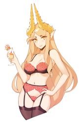 Rule 34 | blonde hair, blush, bra, breasts, commentary, commission, cowboy shot, cropped legs, english commentary, floral print, garter belt, halphelt, hand on own hip, highres, holding, horns, large breasts, long hair, looking at viewer, navel, orange eyes, original, panties, pointy ears, print bra, print panties, red bra, red panties, simple background, slit pupils, smile, thighhighs, underwear, underwear only, very long hair, white background