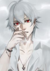 Rule 34 | 1boy, 3four, aohitsugi samatoki, bad id, bad pixiv id, bracelet, bright pupils, cigarette, commentary request, ear piercing, earrings, grey background, grey hair, grey shirt, hair between eyes, hand up, head tilt, holding, holding cigarette, hypnosis mic, jewelry, looking at viewer, male focus, necklace, open clothes, open mouth, open shirt, piercing, red eyes, shirt, smoke, smoking, solo