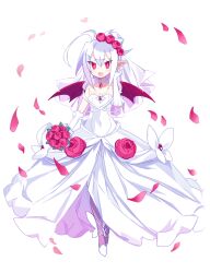 Rule 34 | 1girl, ahoge, bouquet, bright pupils, character request, commentary, demon girl, demon wings, dress, fang, flower, full body, hair flower, hair ornament, highres, kasumi koujou, looking at viewer, neck ribbon, open mouth, original, petals, pink eyes, pink wings, pointy ears, ribbon, rose, simple background, solo, strapless, strapless dress, sumi (kasumi koujou), wedding dress, white background, white dress, white hair, wings