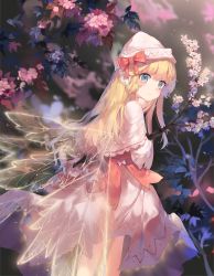 Rule 34 | 1girl, blonde hair, blue eyes, blush, bow, branch, capelet, cherry blossoms, chinese commentary, closed mouth, commentary request, cowboy shot, dress, expressionless, fairy wings, hat, hat bow, highres, lace-trimmed capelet, lace trim, leaf, lily white, ling mou, long hair, looking at viewer, looking back, pink bow, pink capelet, pink dress, pink hat, red bow, solo, touhou, wings