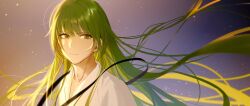 Rule 34 | 1other, androgynous, chain, enkidu (fate), fate/strange fake, fate (series), glowing, glowing clothes, glowing eyes, green hair, hair between eyes, highres, long hair, looking at viewer, male focus, robe, rrr (reason), shirt, smile, solo, upper body, very long hair, white robe, white shirt, yellow eyes