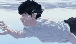 Rule 34 | 1boy, air bubble, black hair, bubble, caustics, collared shirt, freediving, from side, highres, kageyama shigeo, long sleeves, looking ahead, male focus, mob psycho 100, nanigaoka, open mouth, outstretched arm, profile, school uniform, shirt, short hair, solo, submerged, swimming, underwater, upper body, water, white shirt