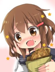 Rule 34 | 10s, 1girl, blush, brown eyes, brown hair, close-up, commentary request, fang, food, food on face, hair ornament, hairclip, hand on own face, highres, ikazuchi (kancolle), kantai collection, open mouth, oshiruko (uminekotei), school uniform, serafuku, short hair, skin fang, solo, star (symbol), taiyaki, wagashi