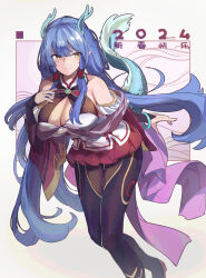Rule 34 | 1girl, 2024, absurdres, amasaki kagin, bare shoulders, black footwear, black pantyhose, blue hair, boots, breasts, bridal gauntlets, chinese zodiac, cleavage, cleavage cutout, closed mouth, clothing cutout, commentary request, dragon girl, dragon horns, dragon tail, dress, feet out of frame, hand up, highres, horns, huanxiang huifeng, kemonomimi mode, large breasts, long hair, pantyhose, pointy ears, smile, solo, tail, thigh boots, very long hair, vocaloid, vsinger, white dress, year of the dragon, yellow eyes