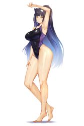 Rule 34 | 1girl, absurdres, animal ears, arm up, barefoot, black hair, black one-piece swimsuit, blue archive, blunt bangs, breasts, competition swimsuit, full body, highleg, highleg swimsuit, highres, large breasts, long hair, looking at viewer, one-piece swimsuit, shun (blue archive), simple background, solo, standing, swimsuit, taiyou-n, tiger ears, tiger girl, very long hair, white background, yellow eyes