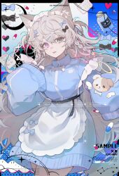 Rule 34 | 1girl, animal ears, black bow, blue bow, blue dress, blue jacket, bow, boxcutter, braid, cross hair ornament, dress, grey eyes, grey hair, hair bow, hair ornament, hairclip, heterochromia, highres, hisakawa sora, jacket, jersey maid, long hair, long sleeves, maid, original, pill, pill bottle, pink eyes, solo, tail, track jacket, two side up, unconventional maid, very long hair, wolf ears, wolf tail