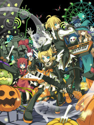 Rule 34 | 1boy, 3girls, angel wings, animal ears, aqua eyes, armor, back-to-back, bell, neck bell, blonde hair, boots, brother and sister, rabbit, cat ears, cat tail, collar, fork, guitar, hair ornament, hair ribbon, hairclip, halloween, hat, instrument, jack-o&#039;-lantern, jingle bell, kagamine len, kagamine rin, keyboard, keyboard (instrument), knee boots, kutenriri, multiple girls, mummy, pumpkin, ribbon, short hair, siblings, smile, tail, twins, vocaloid, wich hat, wings, witch hat, zombie