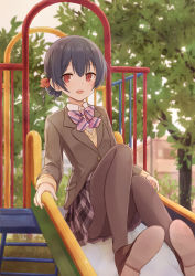 Rule 34 | 1girl, :d, black hair, blazer, bow, brown footwear, brown jacket, brown pantyhose, building, day, hair bow, idolmaster, idolmaster shiny colors, jacket, long sleeves, morino rinze, mugi (banban53), open mouth, outdoors, pantyhose, pink bow, plaid, plaid skirt, playground, red bow, red eyes, shoes, short hair, skirt, slide, smile, solo, striped, striped bow, sweater vest, tree