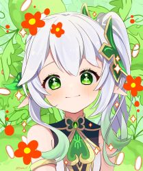 Rule 34 | 1girl, child, commentary, cross-shaped pupils, genshin impact, gradient hair, green eyes, green hair, hair ornament, highres, leaf hair ornament, long hair, multicolored hair, nahida (genshin impact), pointy ears, rireshy n, side ponytail, solo, symbol-shaped pupils, white hair