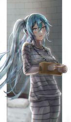 Rule 34 | 1girl, 39rnb, aqua eyes, aqua hair, bdsm, bed, blush, bondage, bound, bound wrists, breasts, chromatic aberration, female focus, hatsune miku, highres, indoors, long hair, looking at viewer, middle finger, number tattoo, open mouth, ponytail, prison, prison clothes, prisoner, solo, standing, tattoo, tongue, tongue out, twintails, upper body, vocaloid