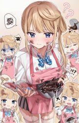 Rule 34 | !?, 1girl, ?, ??, aoba miu, apron, blonde hair, blood, blue bow, blue bowtie, blue eyes, blue nails, blush, bow, bowl, bowtie, breasts, chigusa minori, chocolate making, closed mouth, clumsy, collared shirt, commentary request, cowboy shot, cut finger, disgust, dress shirt, garter straps, gradient background, grey skirt, highres, holding, holding bowl, injury, knife, kokoro iroduku koi ga shitai, large breasts, looking at viewer, messy, mixing bowl, multiple views, nail polish, official alternate hairstyle, outline, pink apron, plaid, plaid bow, plaid bowtie, pleated skirt, school uniform, shirt, side ponytail, simple background, single hair ring, skindentation, skirt, skull and crossbones, spoken squiggle, squiggle, sweatdrop, tearing up, thighhighs, valentine, white background, white outline, white shirt, white thighhighs, zettai ryouiki