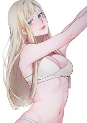 Rule 34 | 1girl, abs, blonde hair, blue eyes, bra, breasts, earrings, gigi andalusia, gundam, gundam hathaway&#039;s flash, highres, jewelry, looking at viewer, medium breasts, navel, otenki93, parted bangs, sidelocks, simple background, solo, underwear, upper body, white background