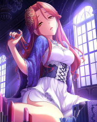 Rule 34 | 1girl, artist request, blue nails, breasts, brown eyes, corset, cosmetics, day, fingernails, from below, hair ornament, idolmaster, idolmaster cinderella girls, indoors, jewelry, lipstick tube, long hair, looking at viewer, nail polish, necklace, official art, open mouth, red hair, sitting, solo, sunlight, window, zaizen tokiko