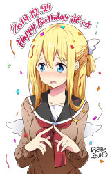 Rule 34 | 1girl, amatsuka poi, bad id, bad pixiv id, black sailor collar, blonde hair, blush, brown shirt, chikanoko, commentary request, confetti, dated, fingers together, happy birthday, highres, index fingers together, long hair, long sleeves, mini wings, nose blush, open mouth, ragho no erika, red neckwear, sailor collar, school uniform, serafuku, shirt, simple background, solo, star (symbol), streamers, translation request, upper body, white background, white wings, wings