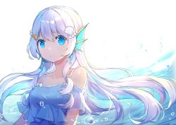 Rule 34 | 1girl, absurdres, bad id, bad pixiv id, blue eyes, bubble, collarbone, commentary request, doris (hololive), fins, hair ornament, head fins, highres, hololive, hololive china, silver hair, simple background, solo, virtual youtuber, water, wawako mama, white background