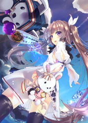 Rule 34 | 1girl, 54cr, black thighhighs, brown hair, cloud, cowboy shot, day, dress, dutch angle, electricity, eyepatch, from behind, fur trim, hair ribbon, highres, long hair, looking back, open mouth, original, puffy short sleeves, puffy sleeves, purple eyes, ribbon, short sleeves, solo, standing, stuffed animal, stuffed rabbit, stuffed toy, thighhighs, very long hair, wand, zettai ryouiki