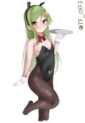 Rule 34 | 1girl, animal ears, bare shoulders, blush, bow, bowtie, breasts, brown pantyhose, cleavage, crescent, crescent hair ornament, fake animal ears, green eyes, green hair, hair ornament, highres, kantai collection, leotard, long hair, looking at viewer, nagatsuki (kancolle), pantyhose, playboy bunny, rabbit ears, small breasts, smile, standing, standing on one leg, strapless, strapless leotard, tf cafe, tray, waitress, white background